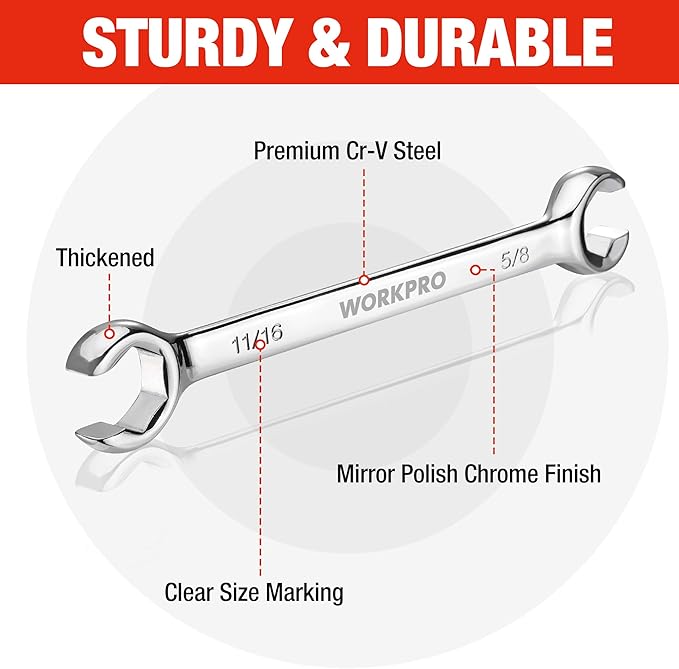 WORKPRO 4-Piece Flare Nut Wrench Set, SAE Brake Line Wrenches, 1/4", 5/16", 3/8", 7/16", 1/2", 9/16", 5/8", 11/16", Cr-V Steel, 15° Offset Head Tubing Wrench, Organizer Pouch Included