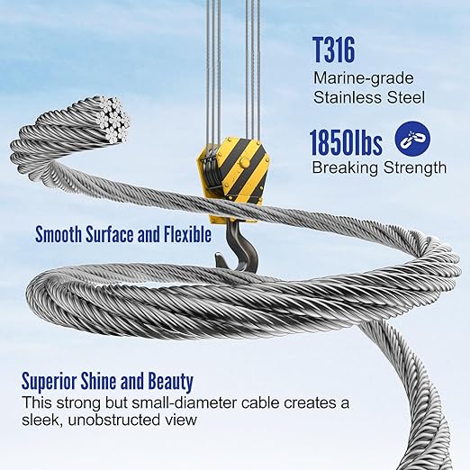 BLIKA 400FT 1/8" Stainless Steel Cable with Cutter, T316 Marine Grade, Stainless Steel Wire Rope 7x7 Strand Construction, 1850lbs Breaking Strength Aircraft Cable for Deck Cable Railing, Silver