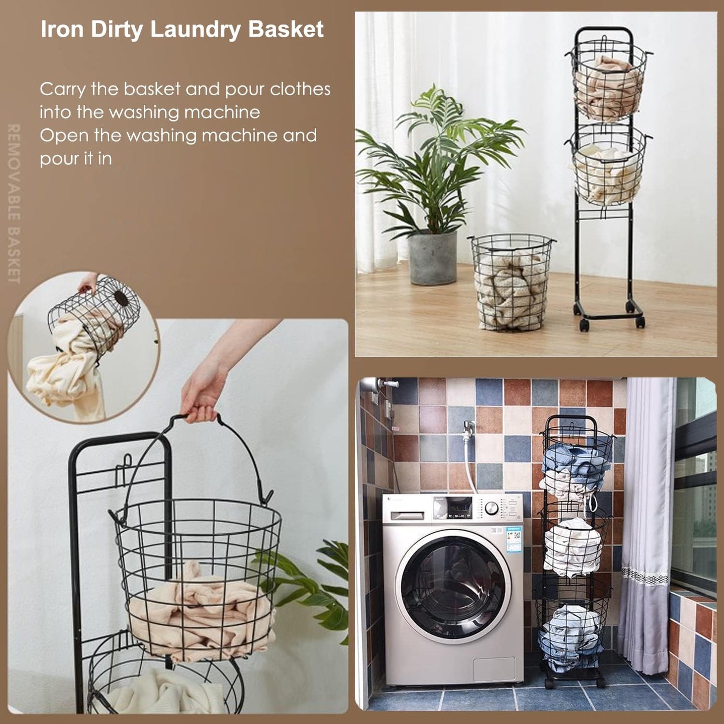 3 Tier Laundry Basket with Rolling Lockable Wheels Wire Metal Sorter Storage Trolley Shelf Basket Durable Metal Sorter Clothes Storage Trolley Shelf with Removable Hamper for Organizing Clothes