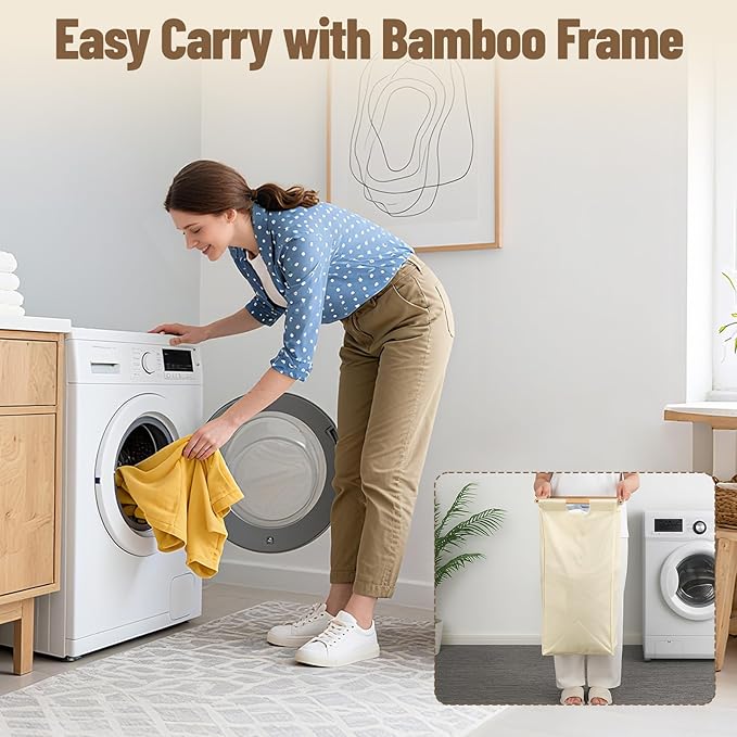 Bamboo Laundry Hamper 3 Section with Lid, 150 L Laundry Sorter with Pull-Out Removable Washable Bags, 3 × 12.5 Gal Divided Laundry Baskets for Laundry Room, Bathroom (Beige)