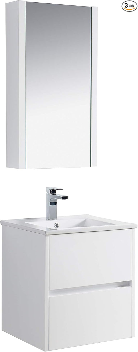Blossom Valencia 20" Inches Single Bathroom Vanity, Wall Hung Bathroom Vanity with Ceramic Sink, Mirror Medicine Cabinet, All Wood Floating Bathroom Vanity Glossy White 016 20 01MC