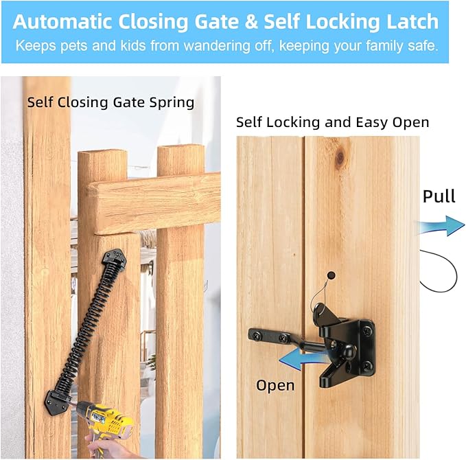 Fence Gate Kit Gate Hardware, 2 Set Anti Sag Gate Kit Gate Frame Cornor Brackets Kit with Self Closing Gate Springs Hings Latchs for Outdoor Garden Backyard Wooden Fence Deck Porch Gate