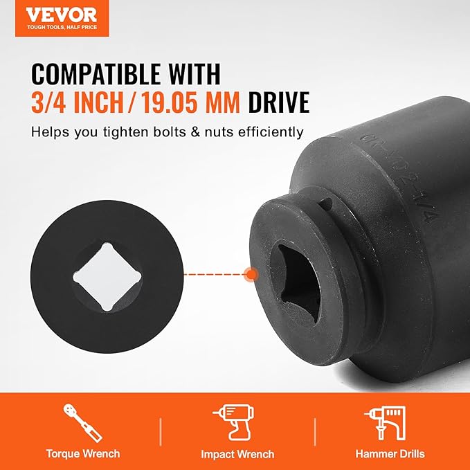 VEVOR Axle Nut Impact Socket Set - 3/4" Drive 6-Point 8-Piece SAE Spindle Nut Socket CR-MO Heat Treated Large Socket Set with Storage Case for Auto Repair, Removing or Installing Axle Nuts