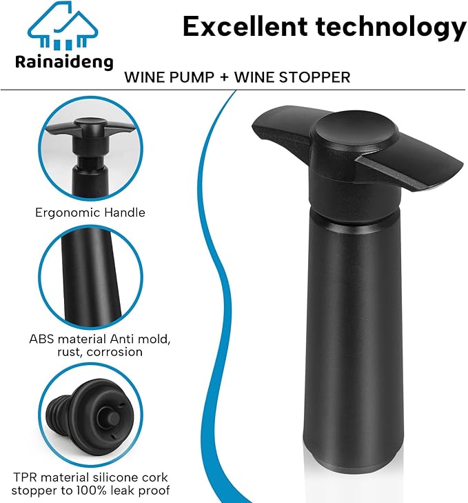 Wine Saver Pump with 6 Vacuum Stoppers，Wine Stopper, Wine Preserver, Wine Pump and Wine Vacuum Stopper are Black，Reusable Bottle Sealer Keeps Wine Fresh, Ideal Wine Accessories Gift