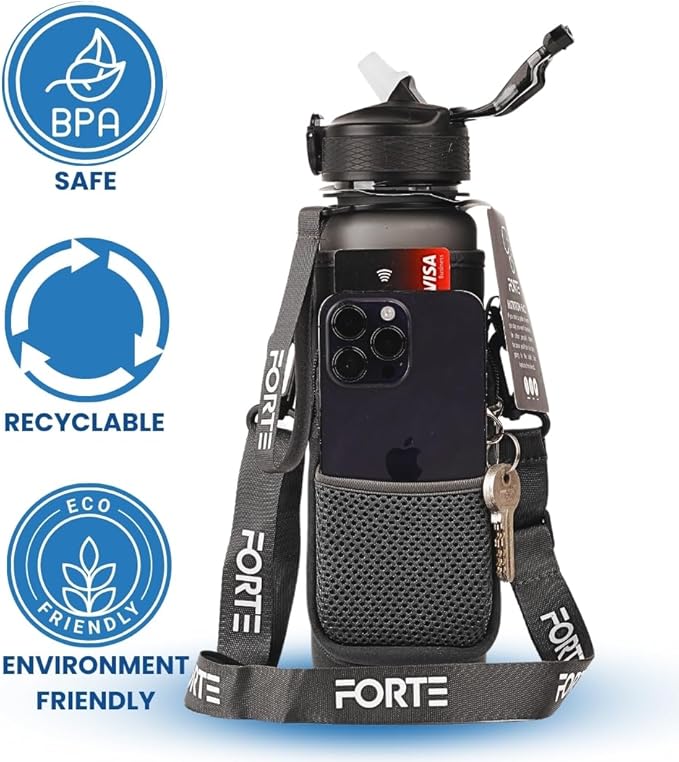 FORTE Plastic Water Bottle with Sleeve - BPA-Free Water Jug with Leak Proof Lid and Straw - Perfect for Gym, Office, and Everyday Use (Grey)