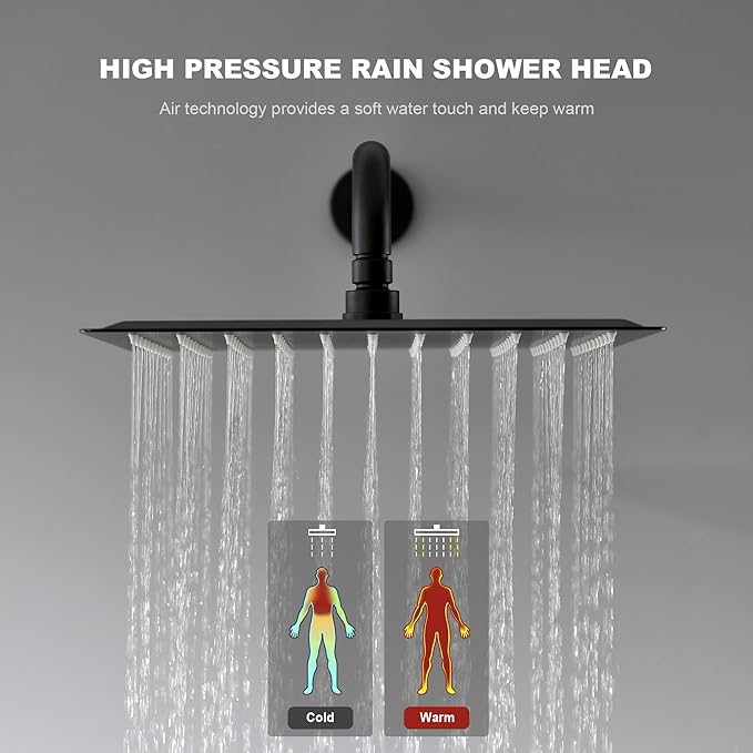 Shower Faucet Set Wall Mounted Shower head with Handheld Comb Rain System 6 Function Pressure Balance - Stainless Steel Bathroom Shower Kit Complete 12 Inch Matte Black(With Valve)