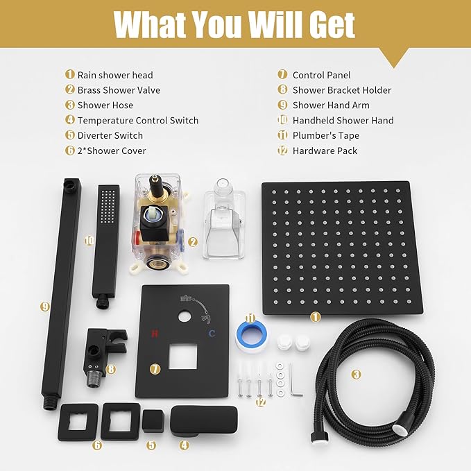 Rainfall Bathroom Shower System, 10-Inch Rain Shower Head and Handle Set, Wall Mounted Dual Shower Combo, All Metal Decorative Shower Luxury Kit Matte Black (with Shower Valve)