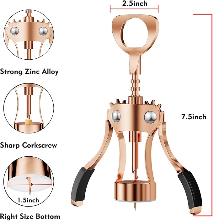 KORCCI Wine Opener, Wine Bottle Opener, Zinc Alloy Wing Corkscrew Heavy Duty, Cork Screw Beer Opener for Bartenders, Multifunctional Bottle Opener for Kitchen, Restaurant, Bar, Waiters (1, Rose Gold)