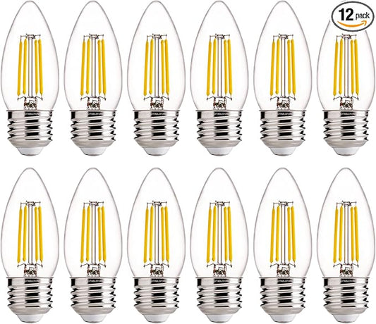 FLSNT 60W Equivalent LED Chandelier Light Bulbs, Dimmable LED B11 E26 Candelabra Base Bulbs, 3500K Natural White, 550LM, 12 Pack UL,CA65 Listed.