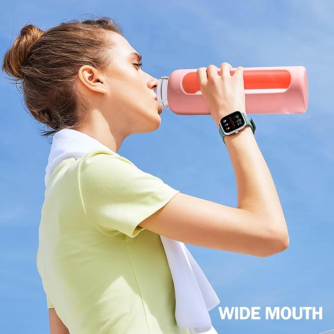 Glass Water Bottles with Straw -32oz- Water Bottle Phone Holder for Gym Large Motivational Water Bottle with Time Marker Glass Drinking Bottles 2 Lids - Spout & Bamboo Straw Lid(Pink)