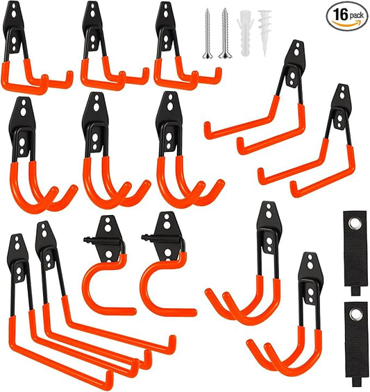 Garage Hook Heavy Duty Wall Storage Hangers, 16 Pack Garage Storage Hooks Steel Tool Organizer Orange for Ladders, Ropes, Garden Tools