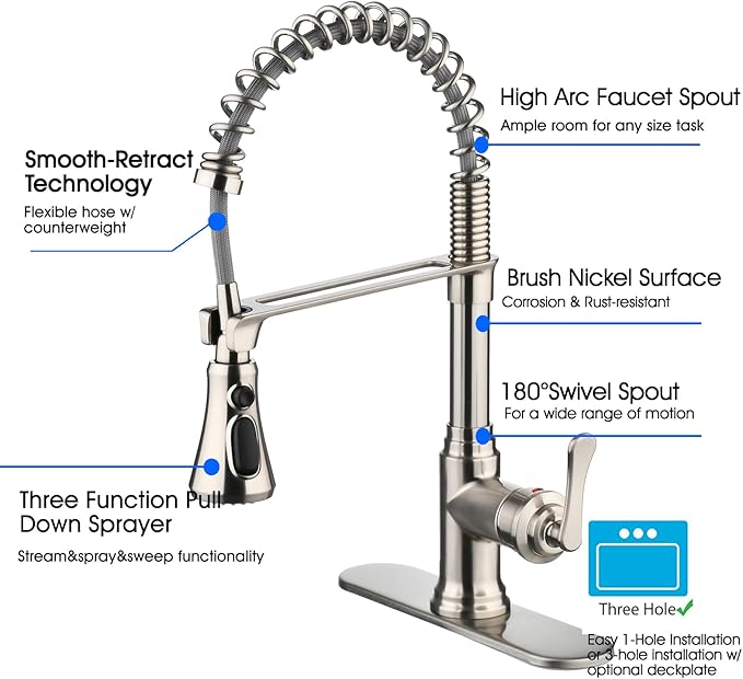 Kitchen Sink Faucet with Pull Down Sprayer,Brushed Nickel Kitchen Faucet Spring Gooseneck Faucet Pull Out,Single Handle High Arc Kitchen Sink Faucet for Farmhouse Camper Utility Rv Wet Bar