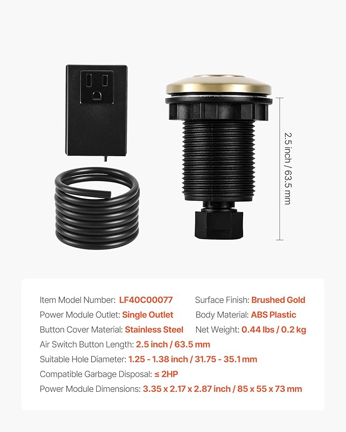 VEVOR Garbage Disposal Air Switch Kit, 2.5" Sink Top Air Switch for Food Waste Disposal, Brushed Gold Stainless Steel ON/OFF Air Button for Waste Disposer - Suitable for Stainless Steel Countertops