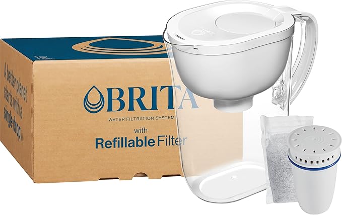 Brita Refillable Water Filtration System with Large 10 Cup Pitcher, Everyday, White, and 1 Refillable Filter