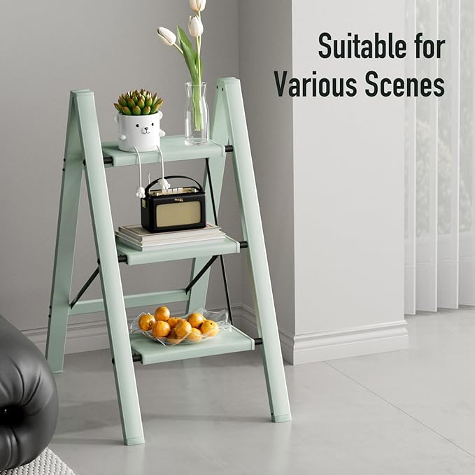 3 Step Ladder,Aluminum Folding Step Stool for Adults,Step Ladder with Wide Anti-Slip Pedal,330 lbs Capacity for Home,Office,Kitchen,Library(Green)