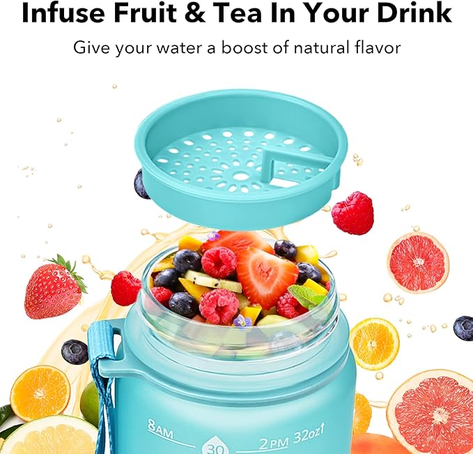 GOSWAG 32oz Motivational Water Bottles with Time Marker and Fruit Strainer, Sports Water Bottle with Times to Drink, Leakproof, Reusable Plastic Bottle with Strap no Straw for Gym, School