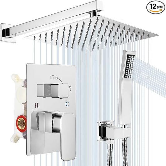 Rainfall Bathroom Shower System, 12-Inch Rain Shower Head and Handle Set, Wall Mounted Dual Shower Combo, All Metal Decorative Shower Luxury Kit Chrome (with Shower Valve)