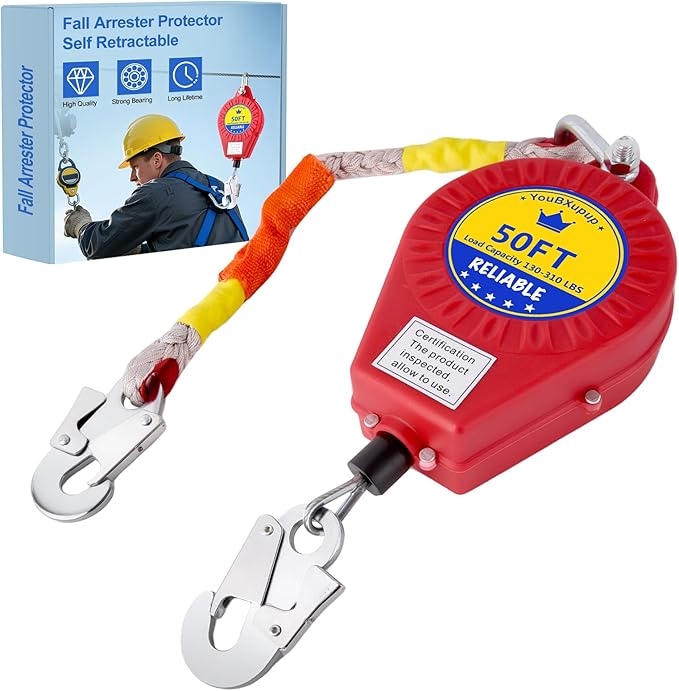 Fall Protection Lanyard Fall Arrest Protector 50Feet Self Retractable Double Locking Gear, Dual Shell Fall Safety Lifeline, Rope for Roofing, Construction, Rescue