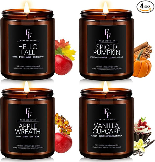 Fall Candles Set, 4 Pack Candles for Home Scented Natural Soy Wax, Autumn Gifts Set for Women Men, Fall Fragrance of Spice/Vanilla Cupcake/Apple Wreath/Hello Fall