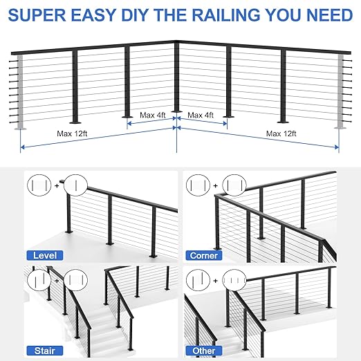 35" Stainless Steel Corner Cable Railing Post, Black Top Mount Corner Line Post with Grommets for Deck Railing Systems, Indoor & Outdoor Use, MY08-C