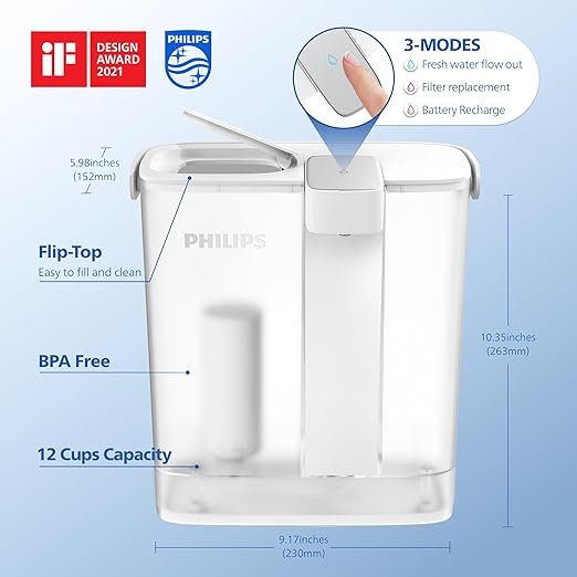 PHILIPS GoZero Next-gen Instant Water Filter Pitcher, Rechargeable Battery, Mirco-X Clean Technology, 3L 12 Cups, 1L/min Fast Flow, Countertop Filtered Water Purifier Jug for Tap Water, 3 Filter