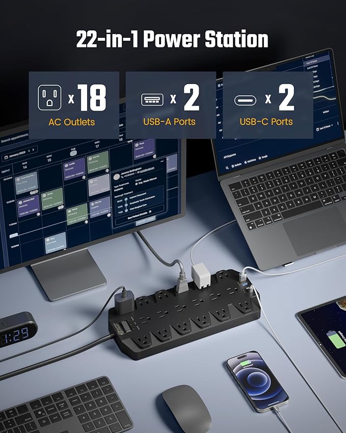 Power Strips with Surge Protection 10 FT, SUPERDANNY 18 AC Outlets and 4 USB Ports, Flat Plug Heavy Duty Extension Cord, 1875W/15A, 2100 Joules for Home, Office, Dorm, Black