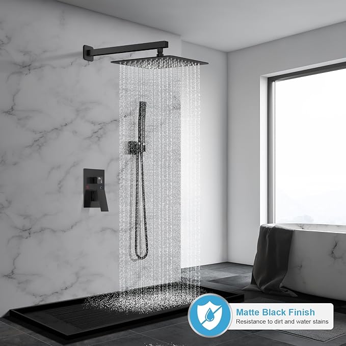 Black Shower Faucet Set, Rainfall Shower System with Square Shower Head and Handle Set, Wall Mounted Shower Fixtures, Shower Valve and Trim Kit 12 inch Matte Black