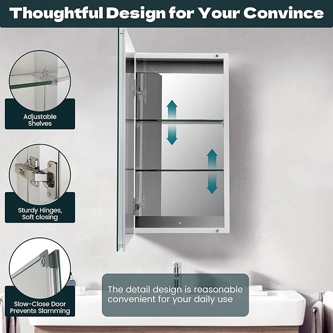 Medicine Cabinet with Mirror Door&Adjustable Shelves, Wall-Mounted Rectangular Medicine Cabinet Beveled Edge Frame, 15" x 26"x 5.3"