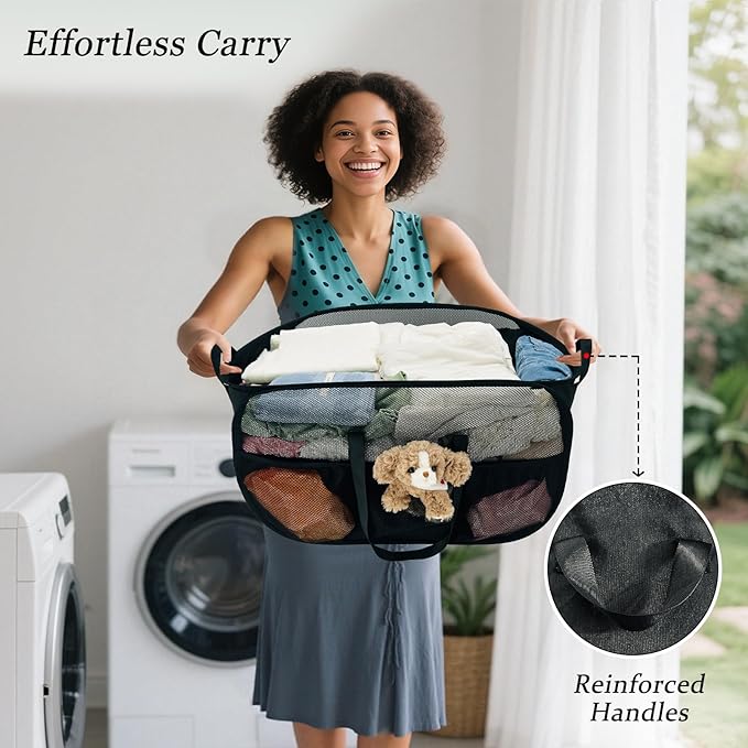 100L Extra Large Mesh Pop Up Hamper with Handles and bag,Upgraded Cationic XL Collapsible Laundry Baskets, Portable Stair Basket, Dirty Clothes Hamper for Cruise Travel Bedroom. Black