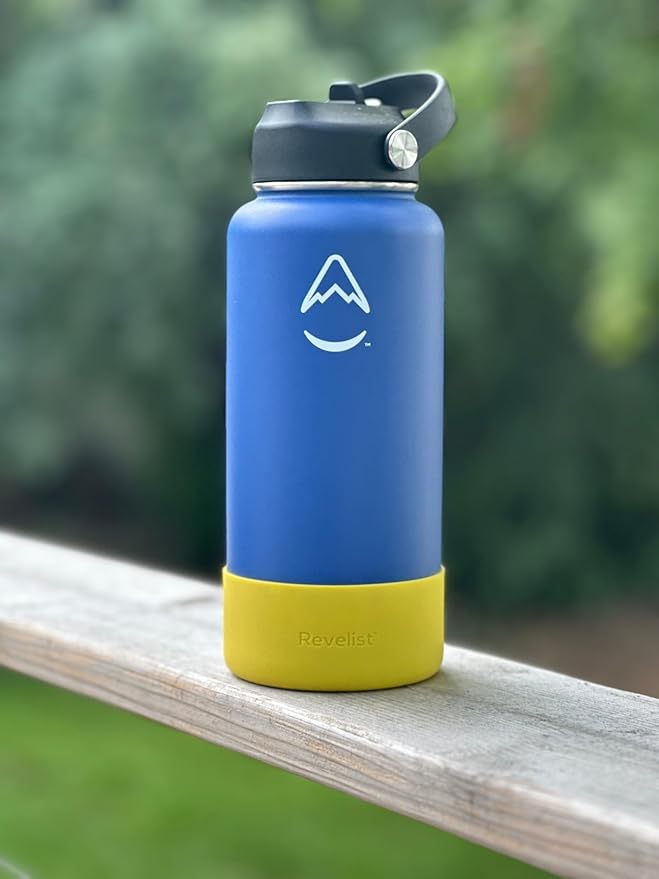 Revelist Sports Water Bottle - 32 Oz, 3 Lids (Straw Lid, Spout & Screw Top) with Boot, Vacuum Insulated Stainless Steel, Double Walled, Reusable Water Flask, Metal Canteen - Blue & Yellow