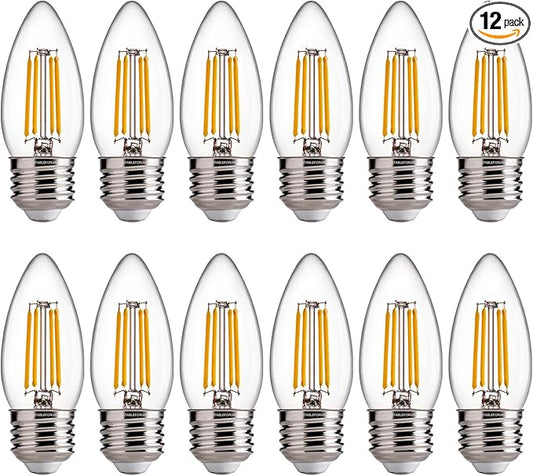 FLSNT B11 E26 Base LED Candelabra Light Bulbs 60W Equivalent, Dimmable, LED Candle Light Bulbs, 2700K Soft White, 12 Pack UL,CA65 Listed.