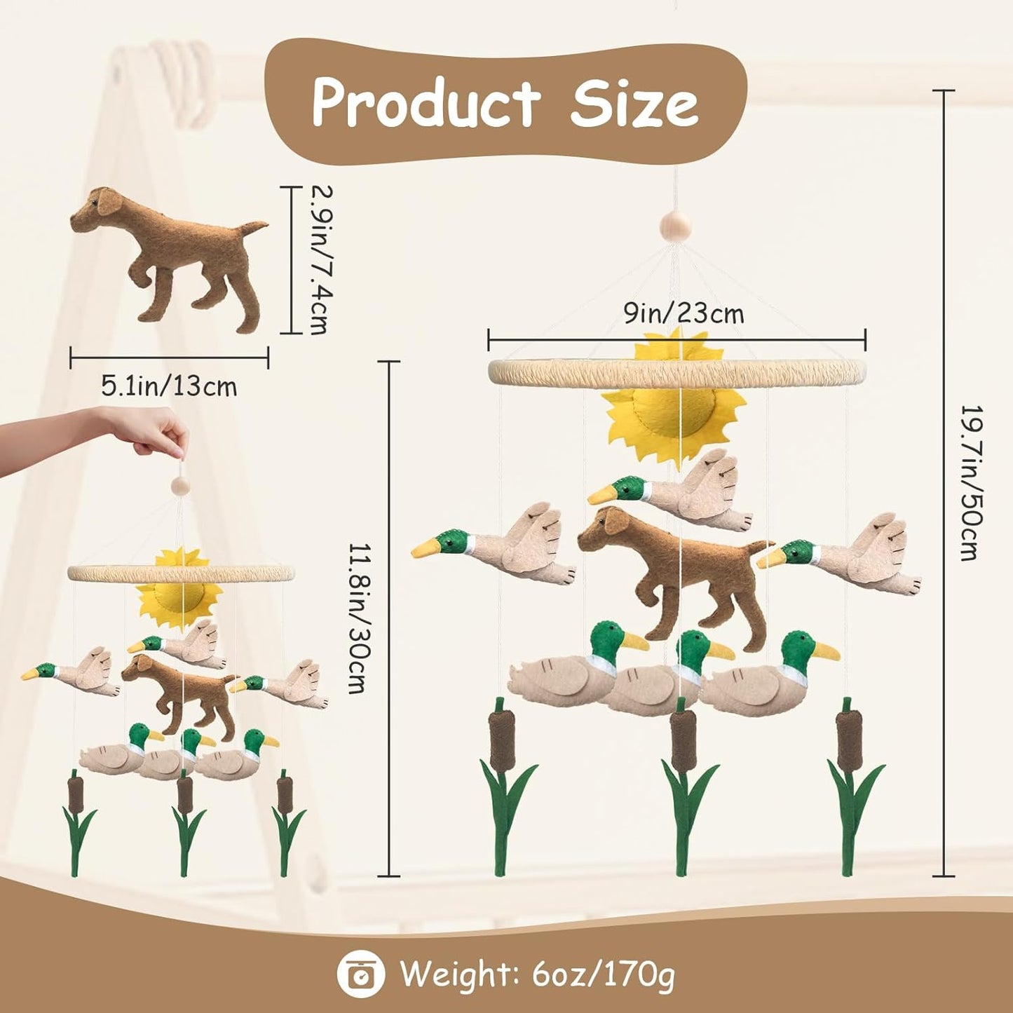 Baby Mobile for Crib Mallard Duck Baby Crib Mobile for Boys Girls Handmade Felt Dog Nursery Decor Duck Hunting Decor Infant Toddler Room Hanging for Bassinet Gender Neutral Newborn Gift