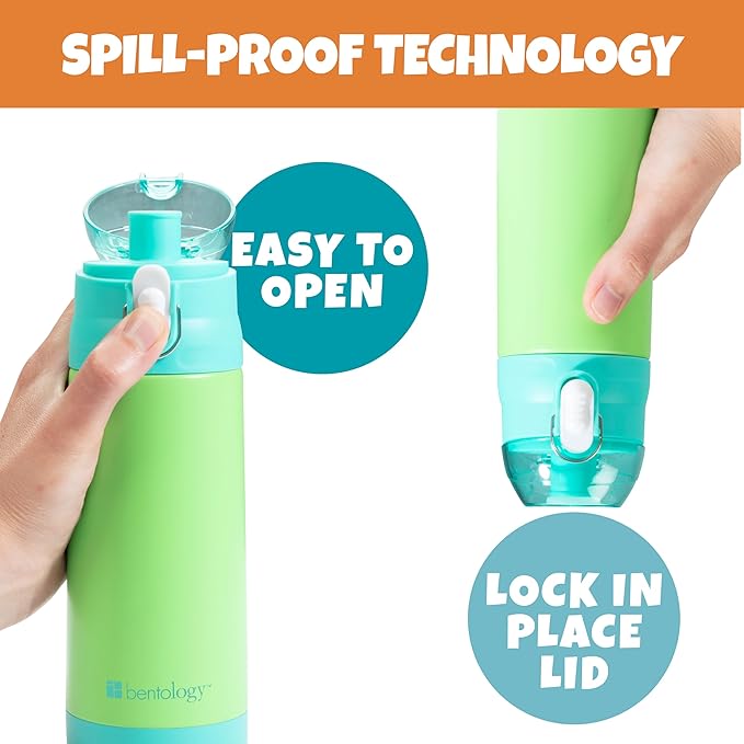Bentology Stainless Steel 13oz Insulated Kids Water Bottle w Built In Straw- Easy to Open, Reusable BPA-Free, Fits in Most Lunch Boxes for Boys, Girls, School, Sports, Camp- Keep Drink Cold All Day