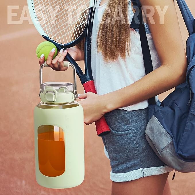 84oz Glass Water Bottle with Stainless Steel Handle,2.5L Gallon Water Bottle With 2-IN-1 Straw Lid, Silicone Sleeve and Motivational Capacity Marker, Wide Mouth Water Jug For Gym, Workout, Green