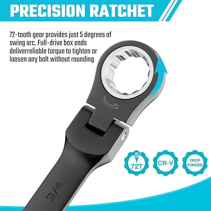 DURATECH 9-Piece Flex-Head Ratcheting Wrench Set, Combination Wrench Set, 72 Tooth, SAE, 5/16'' to 3/4'', Black Electrophoretic Coating, CR-V Steel, with Rolling Pouch