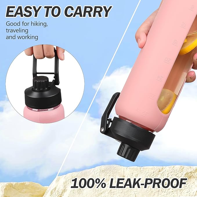 Glass Water Bottles with Straw -32oz- Water Bottle Phone Holder for Gym Large Motivational Water Bottle with Time Marker Glass Drinking Bottles 2 Lids - Spout & Bamboo Straw Lid(Pink)