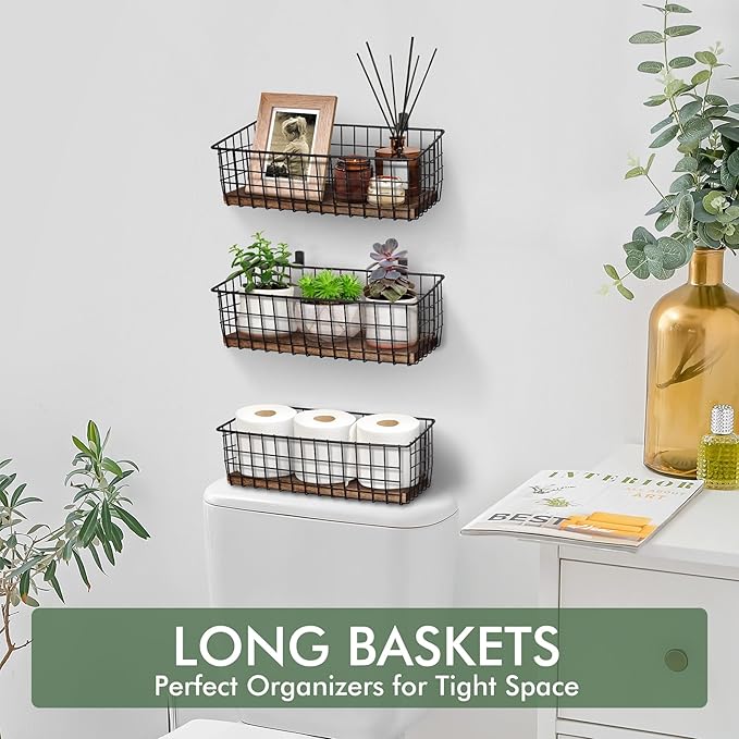 Wall Hanging Baskets 3 Pack, Extra Large Diversified Wire Basket Shelves of Wooden Style, with Wall Mounted Hooks & Traceless Stickers, for Kitchen Coffee Bar Office Room Garage Storage Organization