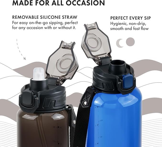 GRANDTIES Sports Tritan Plastic Water Bottle with Straw, Removable – Leakproof BPA Free Dishwasher Safe Travel Water Bottle with Strap for Gym, Outdoor, Fitness (Midnight Black, 28oz (800mL))