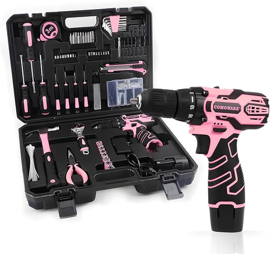 COMOWARE Home Tool Kit with Pink Drill, 195PCS Household Tool kit with 12V Cordless Power Drill, Power Drill Sets Home Repairing Tool Sets with Storage Case for Women