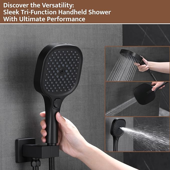 Shower System Matte Black Ceiling Mount Shower Faucet Set with 10 Inch Shower Head, Push Button Diverter Shower Fixtures with 3 in 1 Handheld,6 Inch Shower Head【All Functions Simultaneous Use】