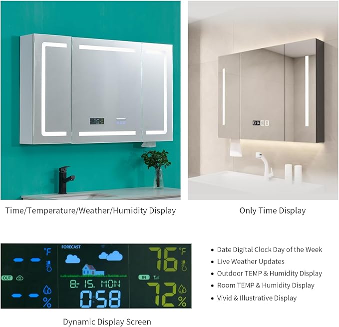 VINGLI LED Lighted Medicine Cabinet with Intelligent Mirror, Bluetooth Speaker, Weather & Temp Display, Anti-Fog, Built-in Outlet & USB, Large 3-Door Bathroom Mirror Cabinet,48 Inch, Need Assembly