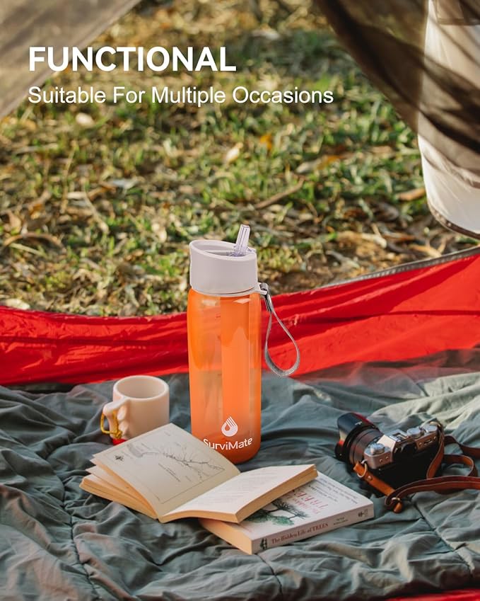 SurviMate 0.01μm Ultra-Filtration Filtered Water Bottle, Portable Water Filter Bottle with 4-Stage Filtration for Survival, Camping, Hiking, Backpacking, Drinking, Emergency