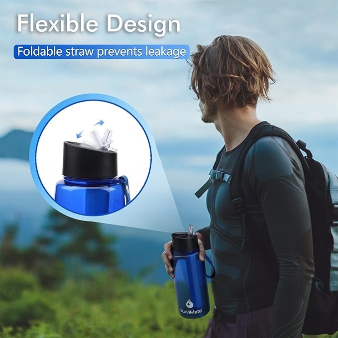 SurviMate 0.01μm Ultra-Filtration Filtered Water Bottle, Portable Water Filter Bottle with 4-Stage Filtration for Survival, Camping, Hiking, Backpacking, Drinking, Emergency