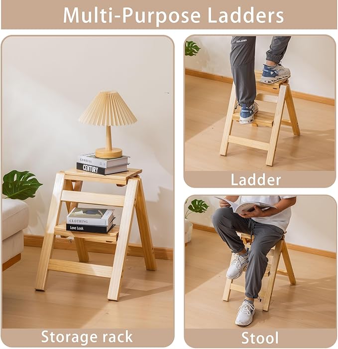 Wooden Step Stool, Foldable 2 Step Ladder, Solid Wood Ladder Stool for for Home, Kitchen & Garden Nature