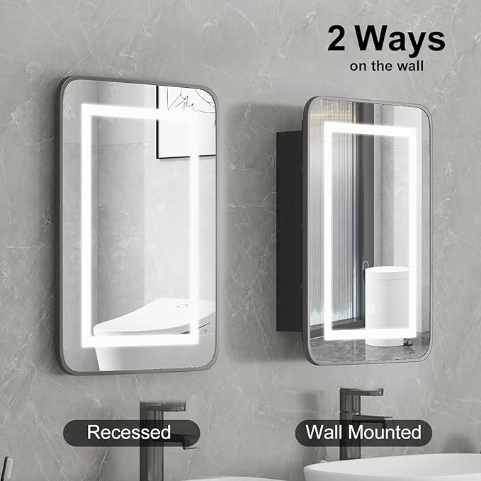 Black Lighted Medicine Cabinet Recessed Medicine Cabinets for Bathroom Medicine Cabinets with Mirror,3-Color LED Medicine Cabinet with Lights,Bathroom Mirror with Storage Wall Mounted,16x24