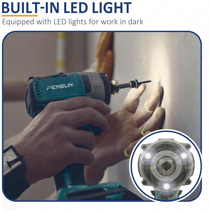 PENSUN Cordless Impact Wrench With Work Light, 3000 RPM & Max Torque 260 ft-lbs Brushless Impact Wrench, 1/2 Impact Gun with 2pcs 4.0Ah Li-ion Battery