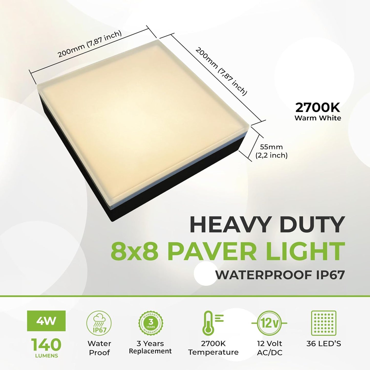 LUMENGY Paver Light 8×8 Inch (7.87 inch X 7.87 inch), Warm White Glare-Free Illumination for Driveways, Pathways, Pool Deck & Patios, 2700K Warm White, 12V AC/DC, Waterproof & Drive-Over Rated
