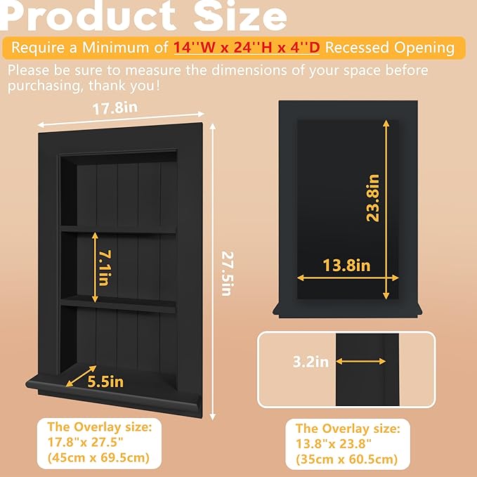 Royxen Black Bathroom Recessed Medicine Cabinet, 14 x 24 Inch, 3-Tier