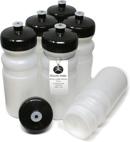 Rolling Sands 20 Ounce Sports Water Bottles 6 Pack, BPA-Free, Made in USA, Dishwasher Safe, Clear Frost Bottles/Black Lids