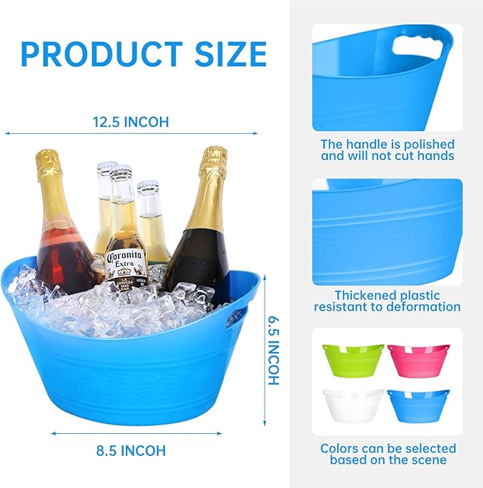 8Pcs Ice Bucket, Plastic Ice Buckets for Parties, Drink Buckets with Handles Beverage Buckets Oval Storage Plastic Tub for Wine Beer Champagne Bottles, 4.3Liter (Thickened version-2)